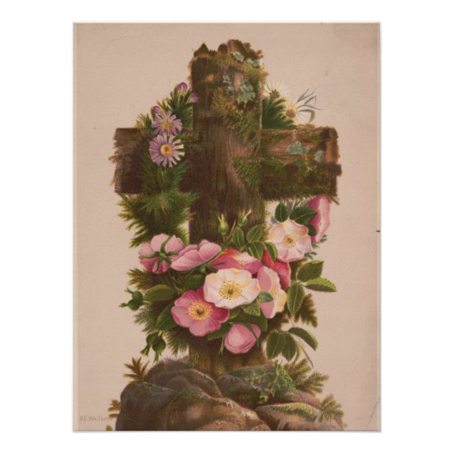 Antique Rustic Cross, Wild Roses, Easter Card, Poster (Vorderseite)
