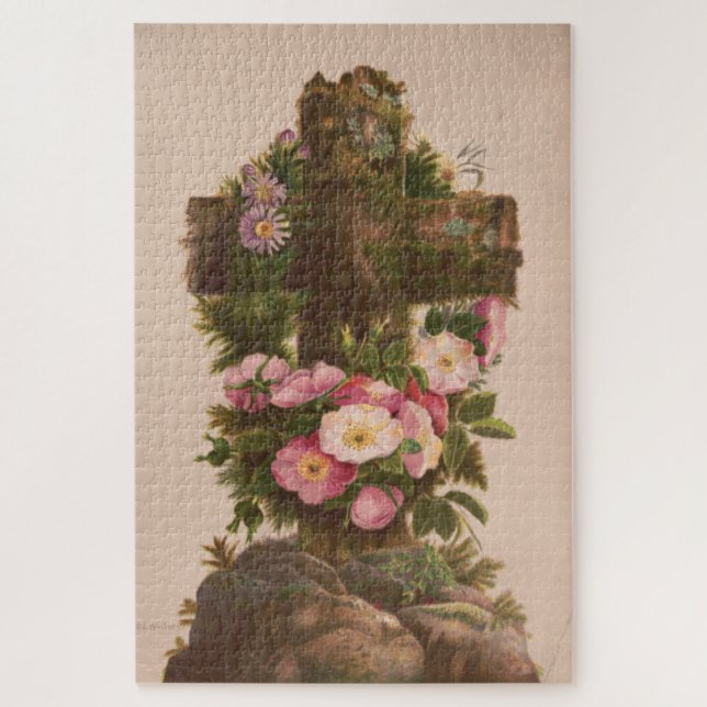 Antique Rustic Cross, Wild Roses, Easter Card, Puzzle (Vertikal)