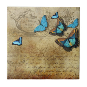 Antique Rustic Decoupage N Blue Butterflies Tee Fliese
