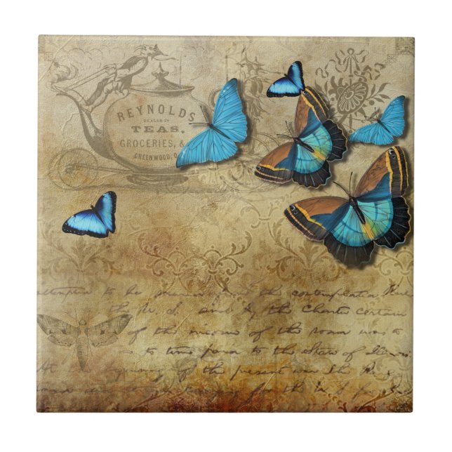 Antique Rustic Decoupage N Blue Butterflies Tee Fliese (Vorderseite)