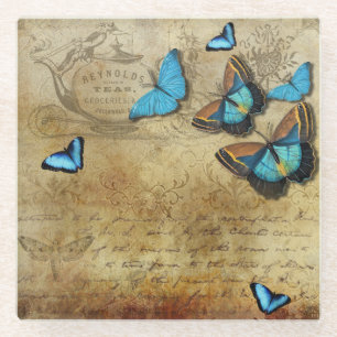 Antique Rustic Decoupage N Blue Butterflies Tee Glasuntersetzer