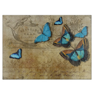 Antique Rustic Decoupage N Blue Butterflies Tee Schneidebrett