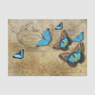 Antique Rustic Decoupage N Blue Butterflies Tee Seidenpapier