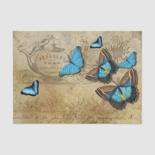 Antique Rustic Decoupage N Blue Butterflies Tee Seidenpapier (Vorderseite)