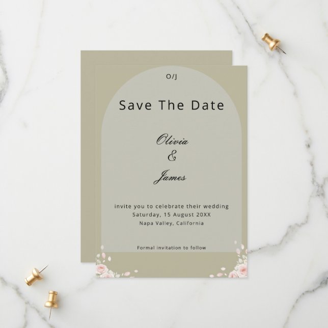 Antique Sage Green Whispered Petals Elegant Script Save The Date (Vorderseite/Rückseite Beispiel)