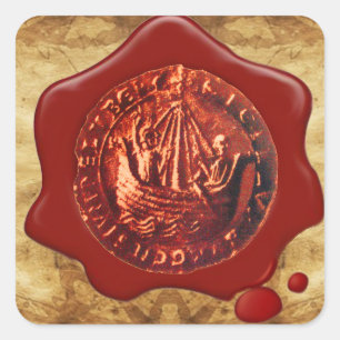 ANTIQUE SCHIFF ROTES WAX SIEGEL PARCHMENT QUADRATISCHER AUFKLEBER