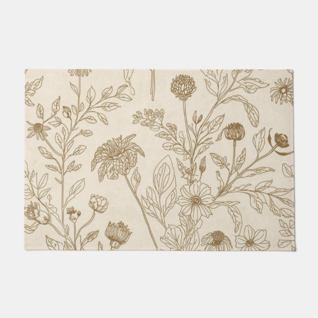 Antique Sepia Botanical Line Art Floral Pattern Fußmatte (Vorderseite)