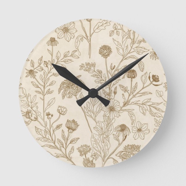 Antique Sepia Botanical Line Art Floral Pattern Runde Wanduhr (Vorderseite)