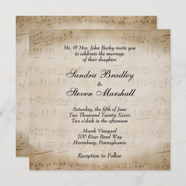 Antique Sheet Music Theme Wedding Einladung (Vorne/Hinten)