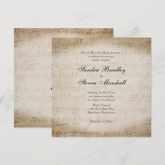 Antique Sheet Music Theme Wedding Einladung (Vorne/Hinten)