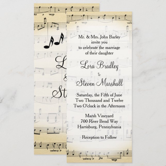 Antique Sheet Music Theme Wedding Einladung (Vorne/Hinten)
