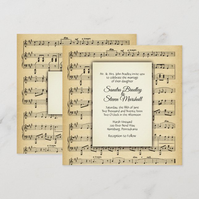 Antique Sheet Music Theme Wedding Einladung (Vorne/Hinten)
