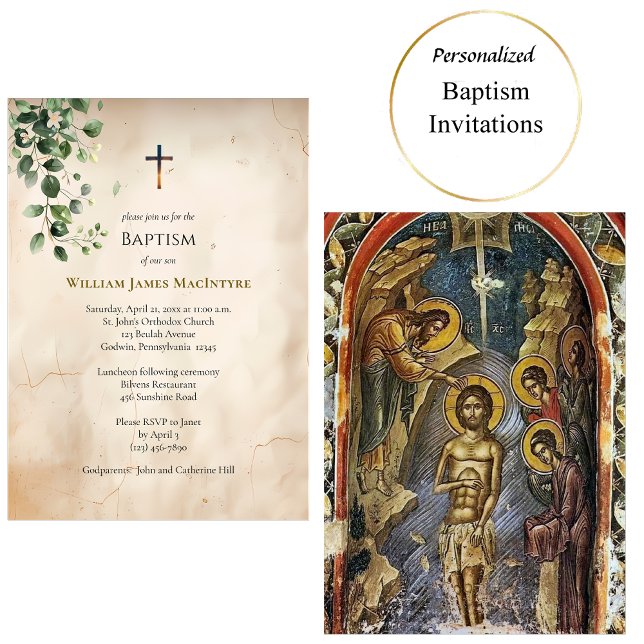 Antique Style Parchment Greenery Baptism Einladung (Von Creator hochgeladen)