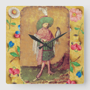 Antique Tarots German Court Cards/Squire of Falcon Quadratische Wanduhr