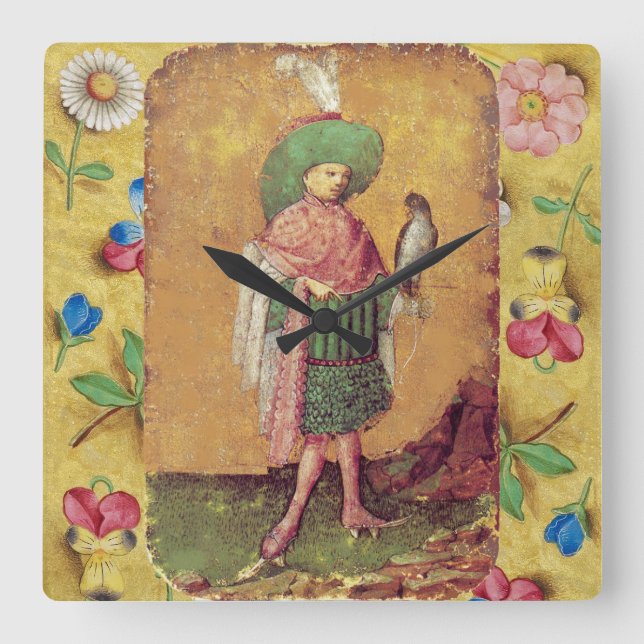 Antique Tarots German Court Cards/Squire of Falcon Quadratische Wanduhr (Vorderseite)