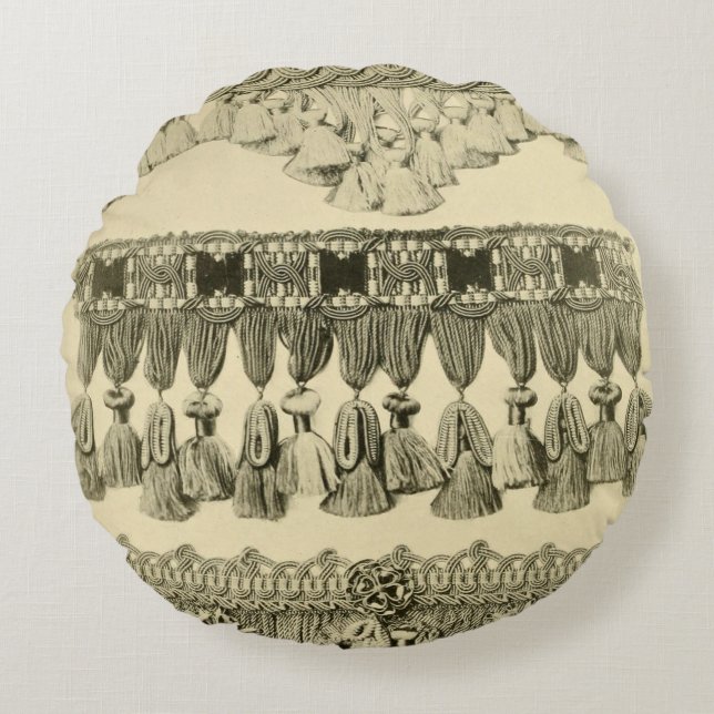 Antique Tassel Spitzen Stammbaum schwarz schwarz Rundes Kissen (Vorderseite)