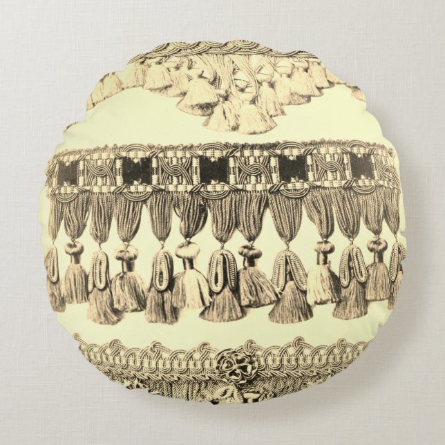 Antique Tassel Spitzen Stammbaum schwarz schwarz Rundes Kissen (Vorderseite)