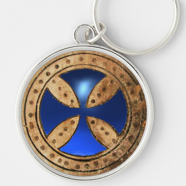 ANTIQUE TEMPLAR CROSS Blue Saphir Gem Schlüsselanhänger (Vorne)