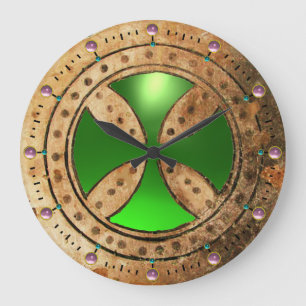 ANTIQUE TEMPLAR CROSS Green Emerald Gem Große Wanduhr