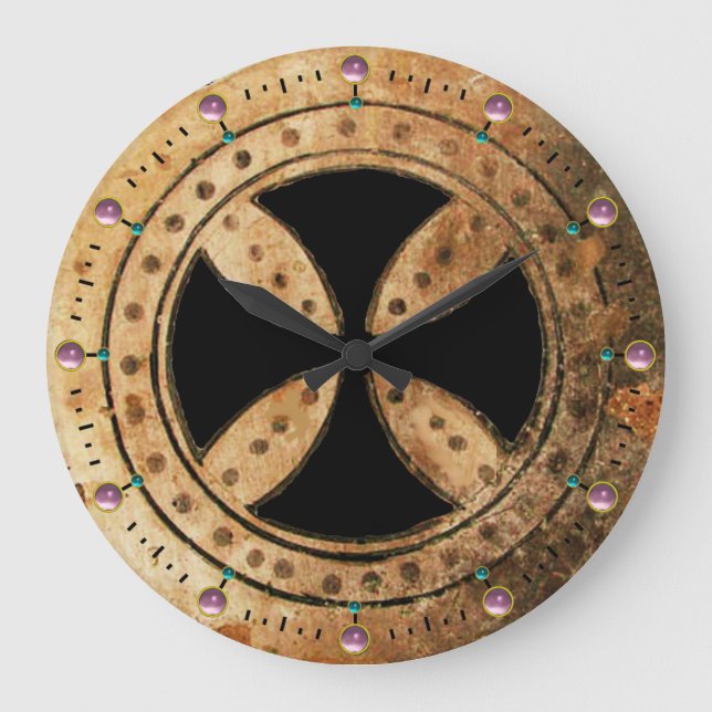 ANTIQUE TEMPLAR CROSS Pink Amethyst Gemstones Große Wanduhr (Vorderseite)