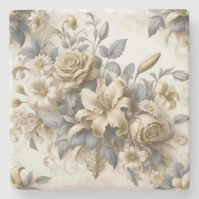 Antique Tinge Yellow Floral Perfektion Steinuntersetzer (Vorderseite)
