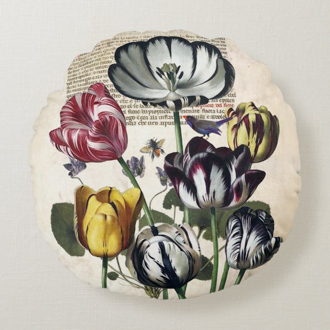 Antique Tulips Rundes Kissen (Vorderseite)