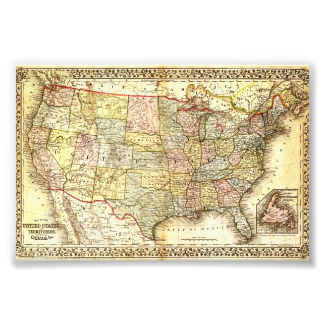 Antique United States Vintage Map Illustration Fotodruck (Vorne)