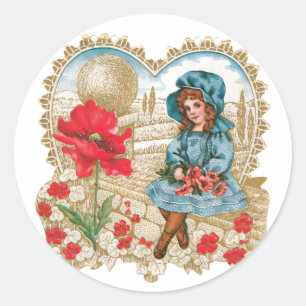 Antique Valentine Girl Blume Runder Aufkleber