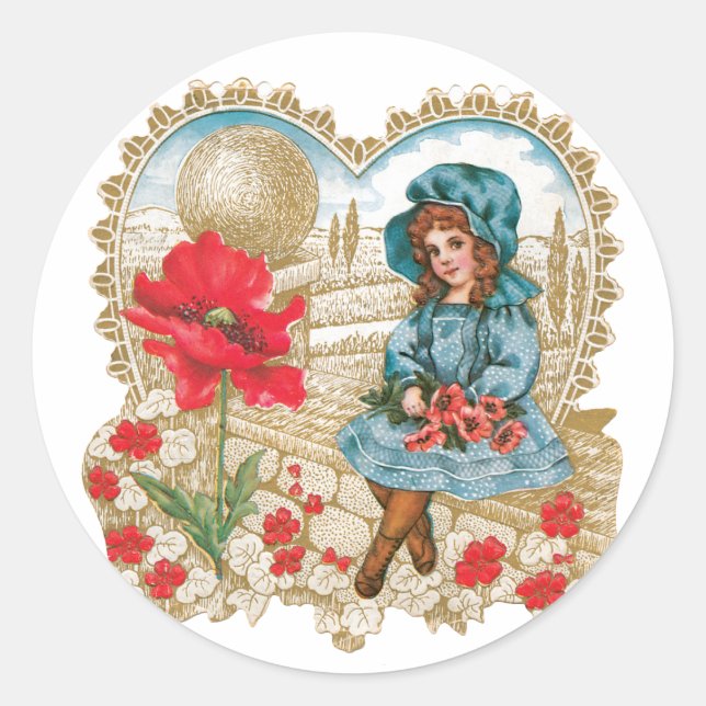 Antique Valentine Girl Blume Runder Aufkleber (Vorderseite)