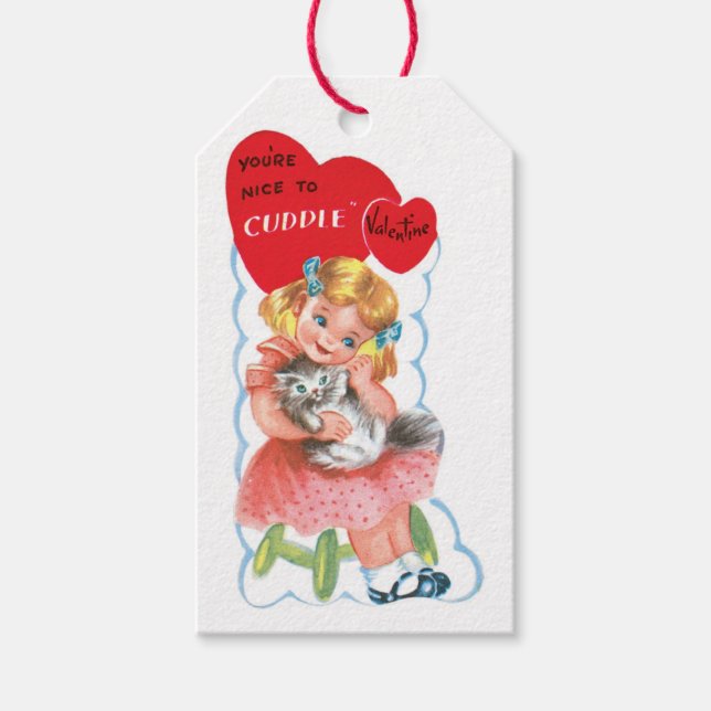 Antique Valentine Girl mit Kitten Geschenkanhänger (Vorderseite)