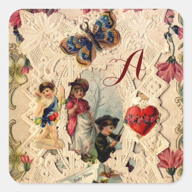 ANTIQUE VALENTINE LACE, CUPID, LIEBER UND SCHALTFL QUADRATISCHER AUFKLEBER (Vorderseite)