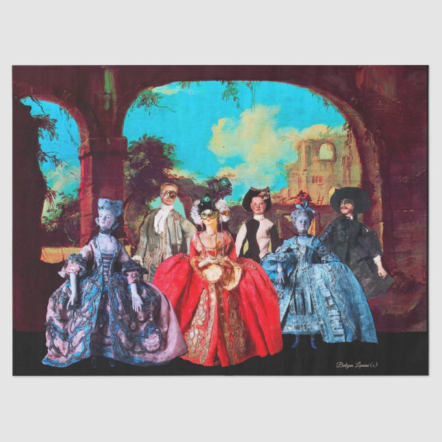 ANTIQUE VENEZIANISCHE PUPPETS,MASQUERADE PARTY MAS SEIDENPAPIER (Vorderseite)