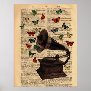 Antique Victrola Butterfys Dictionary Poster