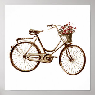 Antique Vintage Bicycle Basket Flowers Roses Print Poster