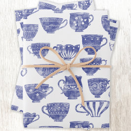 Antique Vintage Blue Teacup Watercolor Geschenkpapier Set