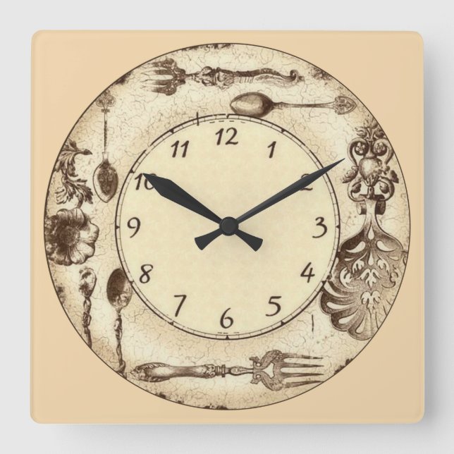 Antique Vintage Silverware Quadratische Wanduhr (Vorderseite)