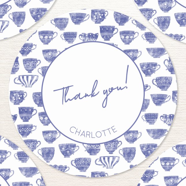 Antique Vintage Tea Party Thank You Runder Aufkleber (Antique vintate blue watercolor teacup tea party personalized custom name text thank you sticker)
