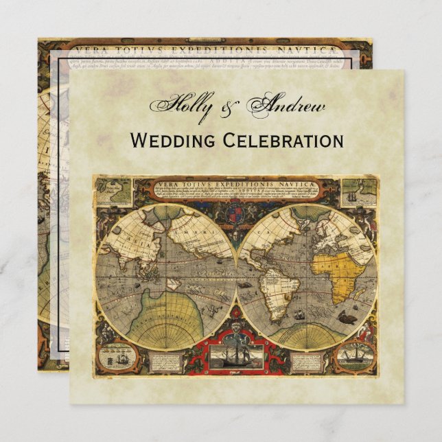 Antique World Map #2, Distressed BG #3 SQ Wedding Einladung (Vorne/Hinten)