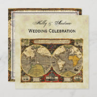 Antique World Map #2, Distressed BG #3 SQ Wedding