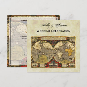Antique World Map #2, Distressed BG #3 SQ Wedding Einladung