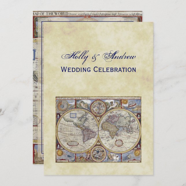 Antique World Map #3, Distressed BG #3 Einladung (Vorne/Hinten)