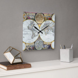 Antique World Map, Atlas Maritimus von John Seller Quadratische Wanduhr