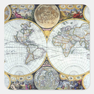 Antique World Map, Atlas Maritimus von John Seller Quadratischer Aufkleber