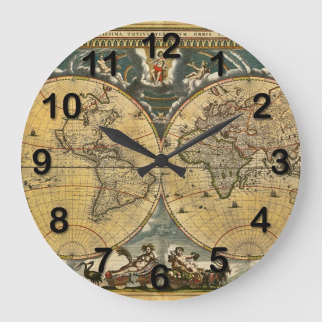 Antique World Map erschüttert #2 Große Wanduhr (Vorderseite)