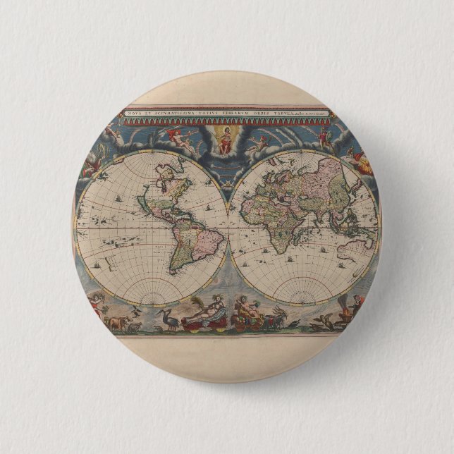 Antique World Map: Historische Kartographie Kunst Button (Vorderseite)