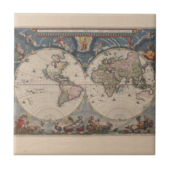 Antique World Map: Historische Kartographie Kunst Fliese (Vorderseite)