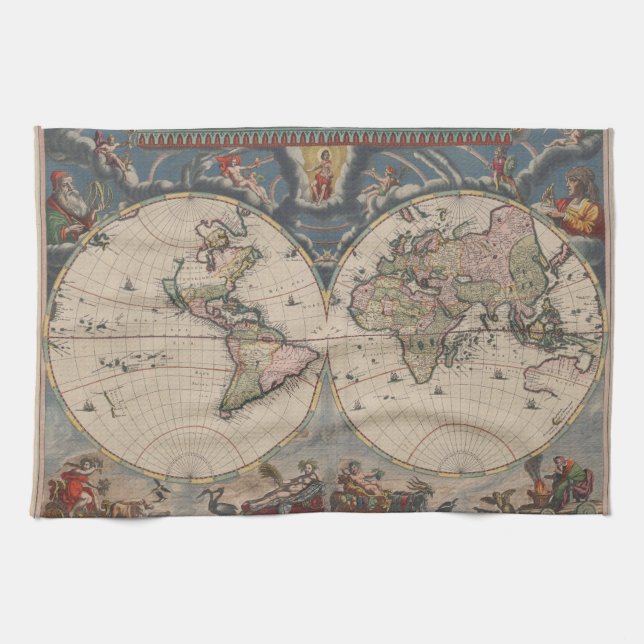 Antique World Map: Historische Kartographie Kunst Geschirrtuch (Horizontal)