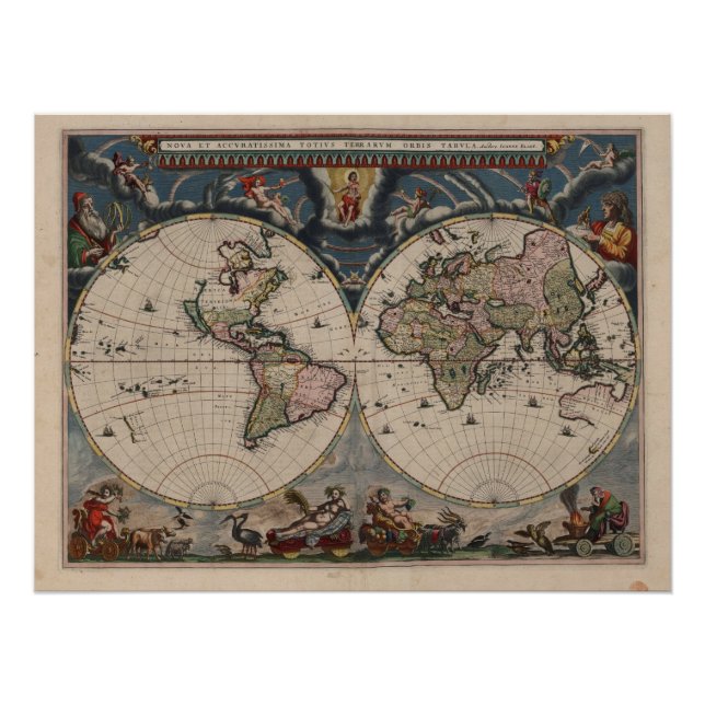 Antique World Map: Historische Kartographie Kunst Poster (Vorderseite)