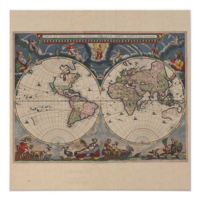 Antique World Map: Historische Kartographie Kunst Poster (Vorderseite)