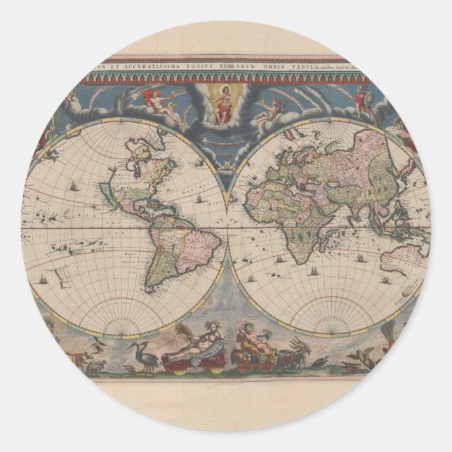 Antique World Map: Historische Kartographie Kunst Runder Aufkleber (Vorderseite)